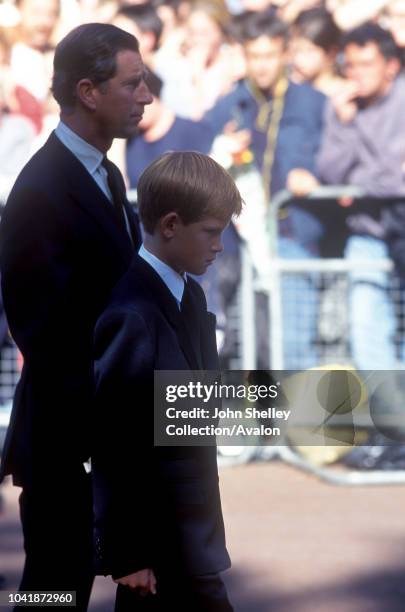 The public funeral of Diana, Princess of Wales, London, UK, 6th September 1997, Prince Charles, Prince of Wales, and Prince Harry, 6th September 1997.