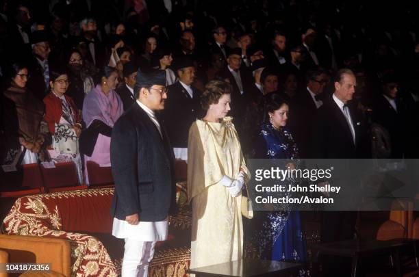 Queen Elizabeth II state visit to Nepal, 17th - 21st February 1986, Prince Philip, Duke of Edinburgh, King Birendra and Queen Aishwarya of Nepal.