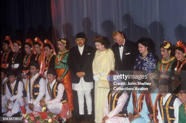 Queen Elizabeth II state visit to Nepal, 17th - 21st February 1986, Prince Philip, Duke of Edinburgh, King Birendra and Queen Aishwarya of Nepal.