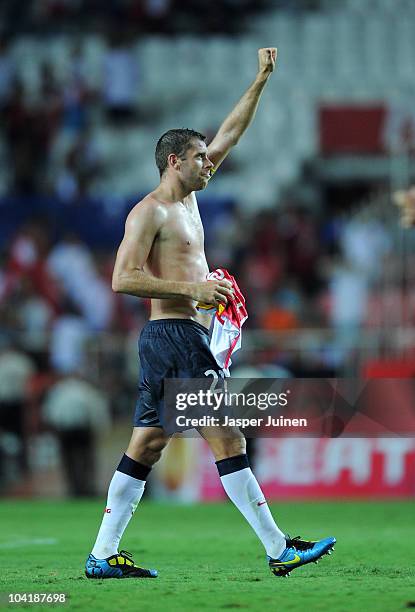 Sylvain Armand of Paris Saint Germain acknowledges the fans at the end of the the UEFA Europa League group J match between Sevilla and Paris Saint...