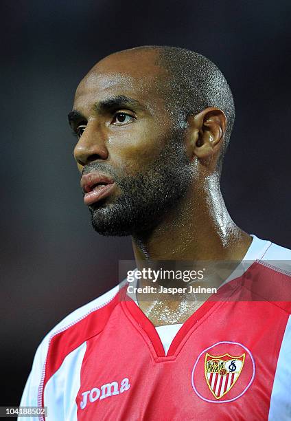 Frederic Kanoute of Sevilla looks on during the UEFA Europa League group J match between Sevilla and Paris Saint Germain at the Estadio Ramon Sanchez...