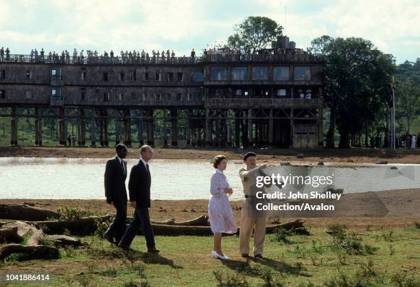 Queen Elizabeth II, Kenya, Queen Elizabeth II and Prince Philip are shown around the 'Treetops' hotel by Richard Prickett on November 13, 1983 near...