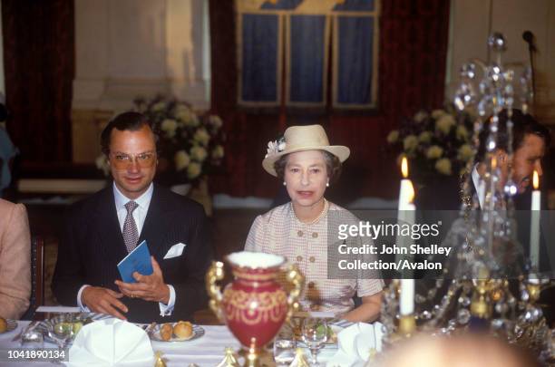 Queen Elizabeth II, Sweden, King Carl XVl Gustaf and Queen Silvia of Sweden, 25th May 1983.