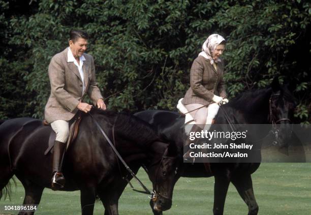 Queen Elizabeth II, Ronald Reagan, President of the USA, Queen Elizabeth II riding in the grounds of Windsor Castle with US President Ronald Reagan,...