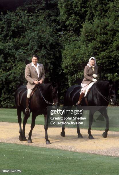Queen Elizabeth II, Ronald Reagan, President of the USA, Queen Elizabeth II riding in the grounds of Windsor Castle with US President Ronald Reagan,...