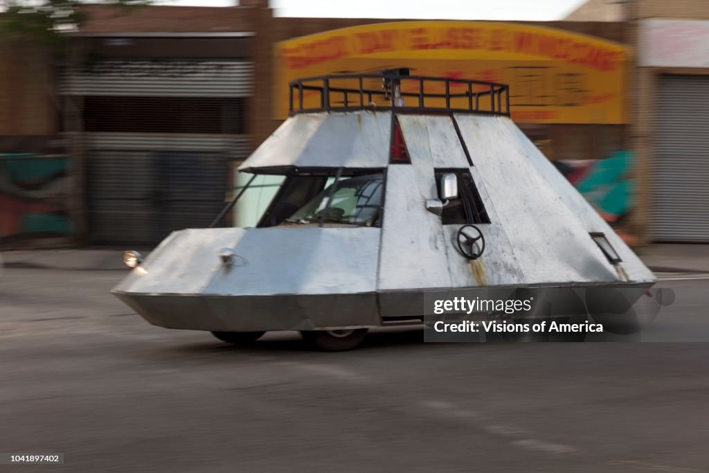 Spaceship automobile driving the streets of Queens and Bushwick, New York