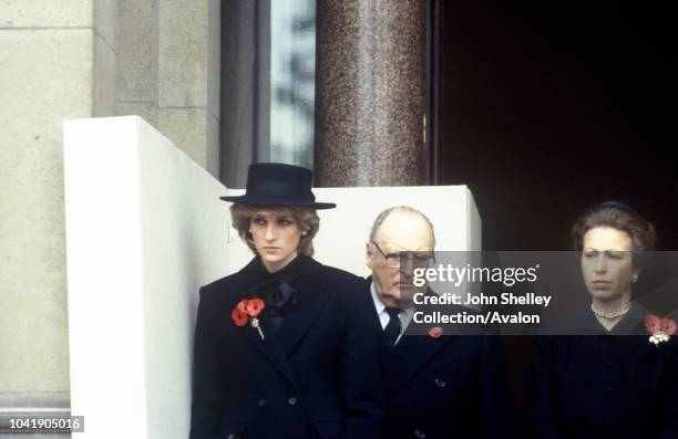 Diana, Princess of Wales , King Olav V of Norway and Princess Anne attend the National Service of Remembrance, on Remembrance Sunday, at The Cenotaph...