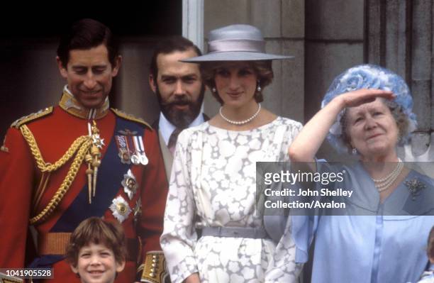 Diana, Princess of Wales, Prince Charles, Prince of Wales, Queen Elizabeth The Queen Mother, Trooping the Colour, 11th June 1983.