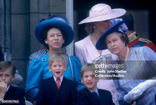 Diana, Princess of Wales, Prince William, Prince Harry, Queen Elizabeth II, Princess Margaret, Trooping the Colour, 17th June 1989.