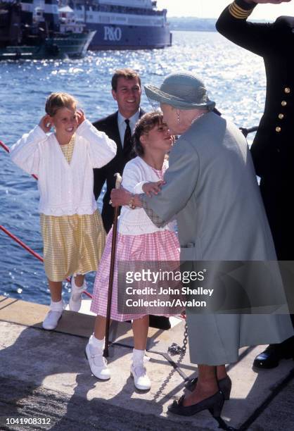 Queen Elizabeth The Queen Mother, Prince Andrew, Duke of York, Princess Beatrice, Princess Eugenie, 1990.