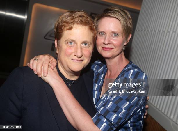 Christine Marinoni and wife Cynthia Nixon pose at the opening night after party for The New Group Theater production of "The True"at Yotel's Green...