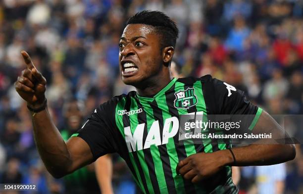 Claud Adjapong of Sassuolo celebrates after scoring the opening goal during the serie A match between SPAL and US Sassuolo at Stadio Paolo Mazza on...