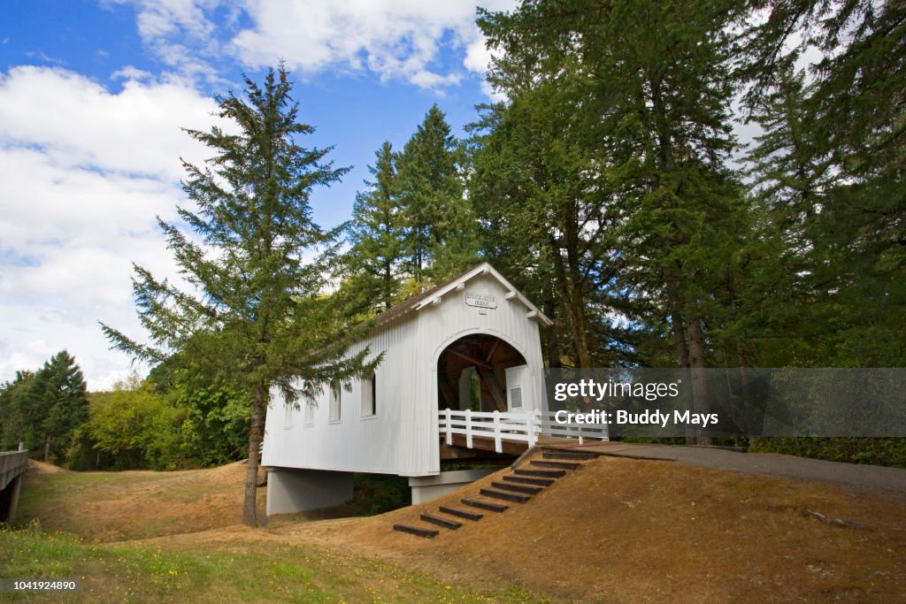 A covered bridge over a river in Oregon