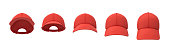 3d rendering of five red baseball caps shown in one line in a front view but in different angles.
