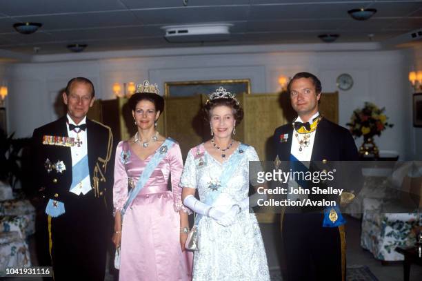 Queen Elizabeth II, Sweden, King Carl XVl Gustaf and Queen Silvia of Sweden, Prince Philip, Duke of Edinburgh, 25th May 1983.