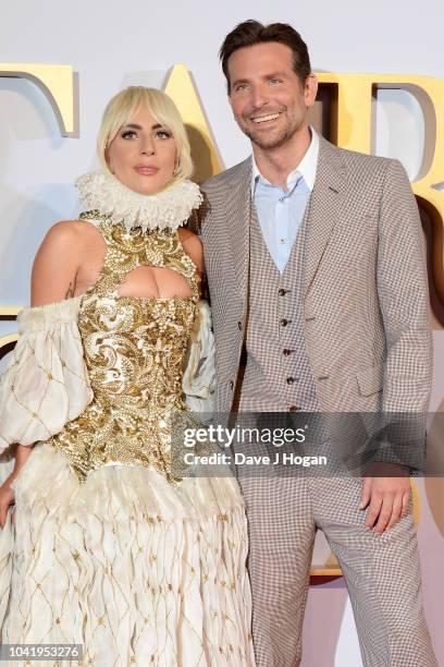 Lady Gaga and Bradley Cooper attend the UK premiere of 'A Star Is Born' held at Vue West End on September 27, 2018 in London, England.