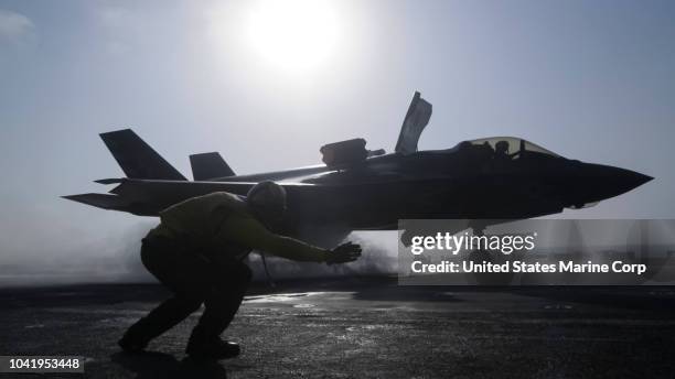 5th FLEET AREA OF OPERATIONS U.S. Navy Petty Officer 1st Class Rey White, an aviation boatswains mate handler with the Essex Amphibious Ready Group ,...