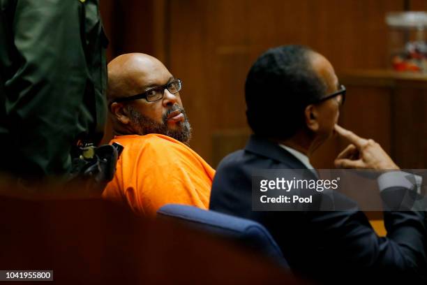 Marion "Suge" Knight, left, shown with his attorney Albert DeBlanc, appears in court pleading no contest to voluntary manslaughter in front of Judge...
