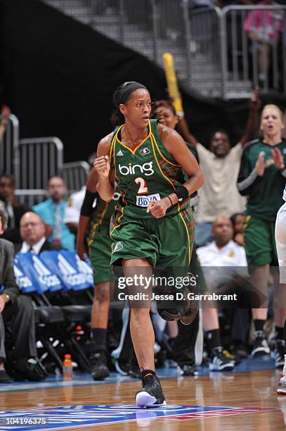 Swin Cash of the Seattle Storm celebrates against the Atlanta Dream in Game Three of the 2010 WNBA Finals on September 16, 2010 at Philips Arena in...