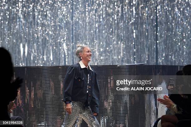 French fashion designer Isabel Marant acknowledges the audience at the end of the Isabel Marant Spring-Summer 2019 Ready-to-Wear collection fashion...