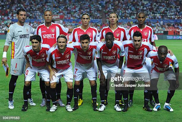 Sevilla players pose for a team picture prior to the start of the UEFA Europa League group J match between Sevilla and Paris Saint Germain at the...