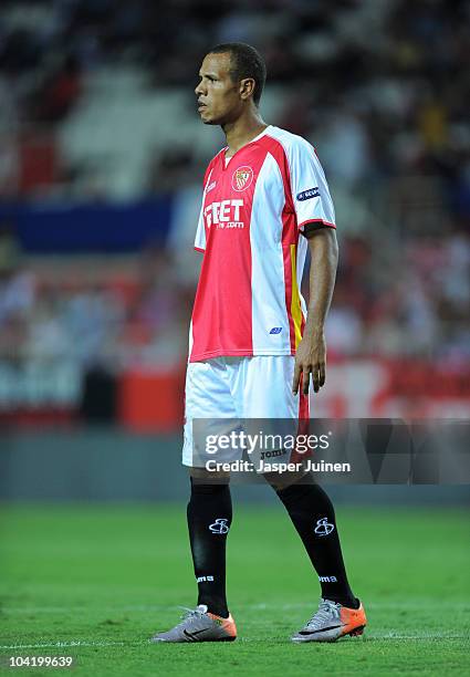 Luis Fabiano of Sevilla looks on during the UEFA Europa League group J match between Sevilla and Paris Saint Germain at the Estadio Ramon Sanchez...