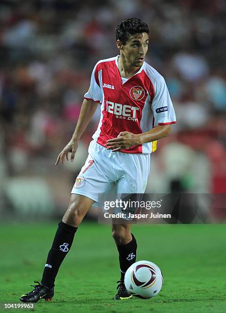 Jesus Navas of Sevilla controls the ball during the UEFA Europa League group J match between Sevilla and Paris Saint Germain at the Estadio Ramon...