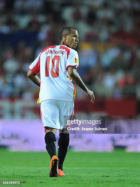 Luis Fabiano of Sevilla looks on during the UEFA Europa League group J match between Sevilla and Paris Saint Germain at the Estadio Ramon Sanchez...