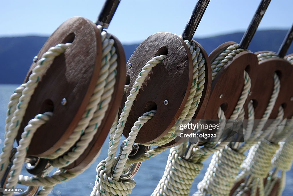 Close-up of ship rigging wires