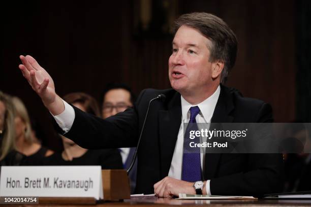 Judge Brett Kavanaugh testifies to the Senate Judiciary Committee during his Supreme Court confirmation hearing in the Dirksen Senate Office Building...