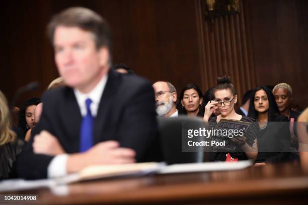 Actress and activist Alyssa Milano listens to Supreme Court nominee Brett Kavanaugh as he testifies before the U.S. Senate Judiciary Committee on...