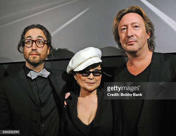 Sean Lennon, Yoko Ono and Julian Lennon attends the "Timeless" photography exhibition opening party at the Morrison Hotel Gallery on September 16,...