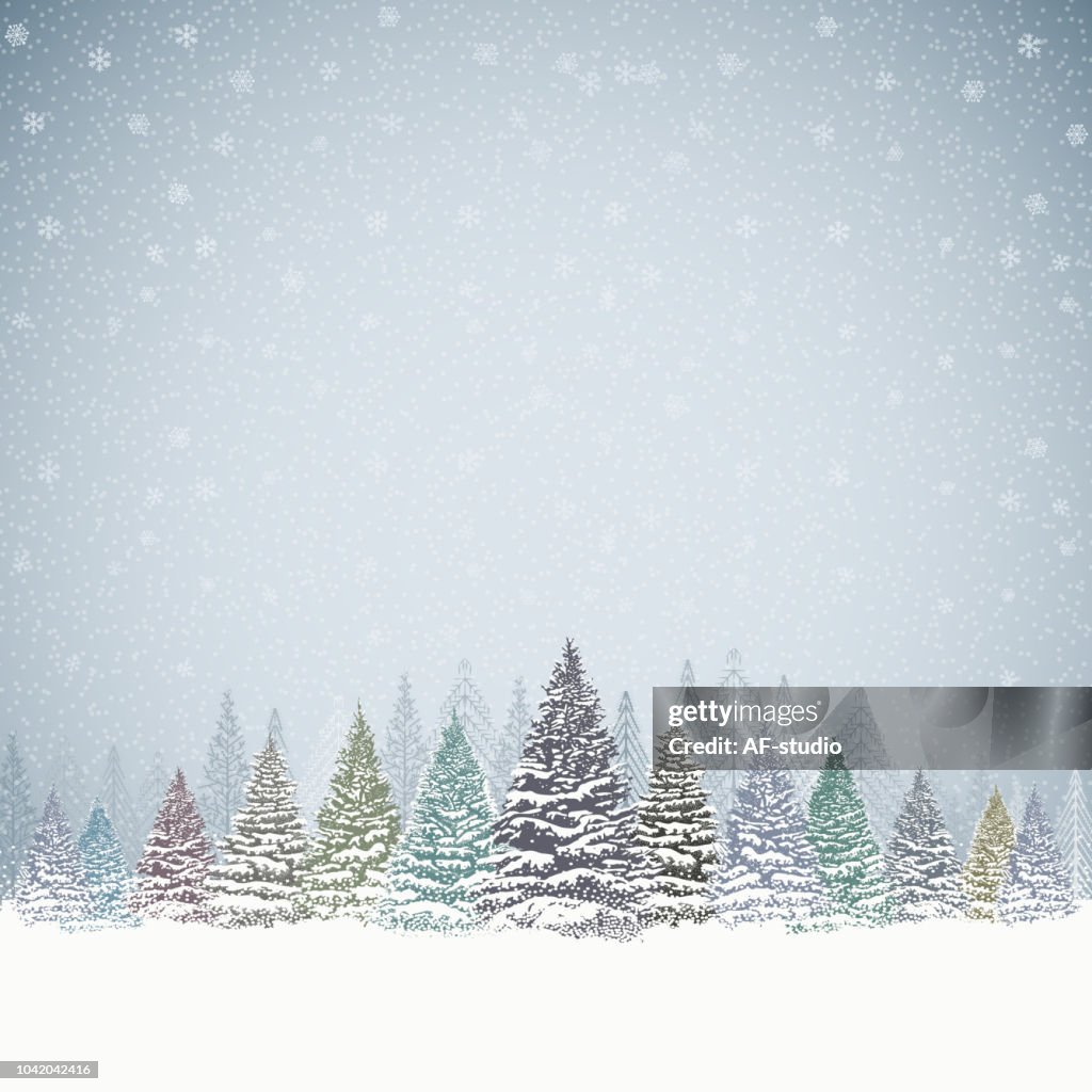 Kerstmis achtergrond met bomen en bergen