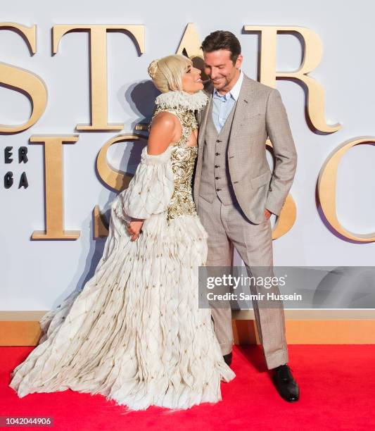 Lady Gaga and Bradley Cooper attend the UK premiere of 'A Star Is Born' held at Vue West End on September 27, 2018 in London, England.