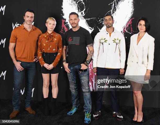 Reid Scott, Michelle Williams, Tom Hardy, Riz Ahmed, and Jenny Slate attend the photo call for Columbia Pictures' "Venom" at Four Seasons Hotel Los...