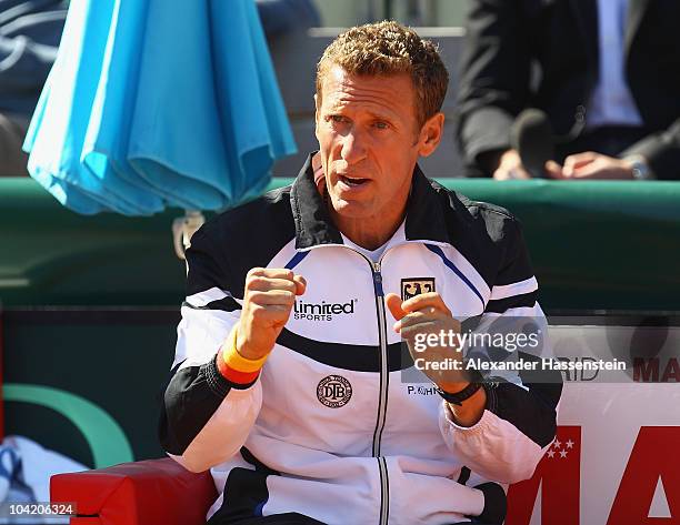 Patrick Kuehnen, head coach of Team Germany reacts during the match of Philipp Kohlschreiber of Germany against Rik de Voest of South Africa at the...