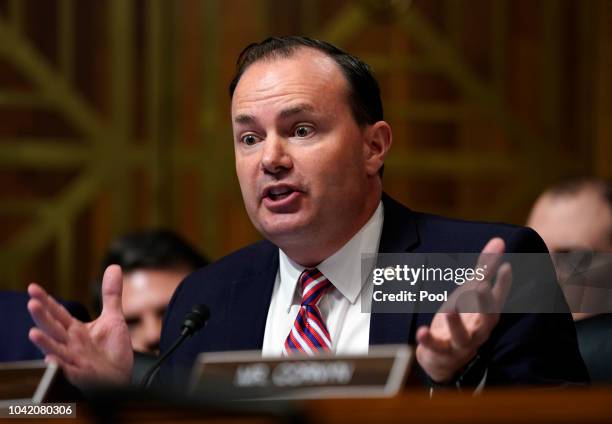 Sen. Mike Lee, R-Utah, questions Supreme Court nominee Brett Kavanaugh as he testifies before the Senate Judiciary Committee on Capitol Hill on...