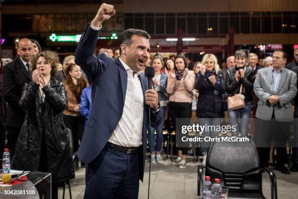 Macedonian Prime Minister Zoran Zaev speaks to supporters during a final referendum rally for the coalition "For European Macedonia" on September 27,...