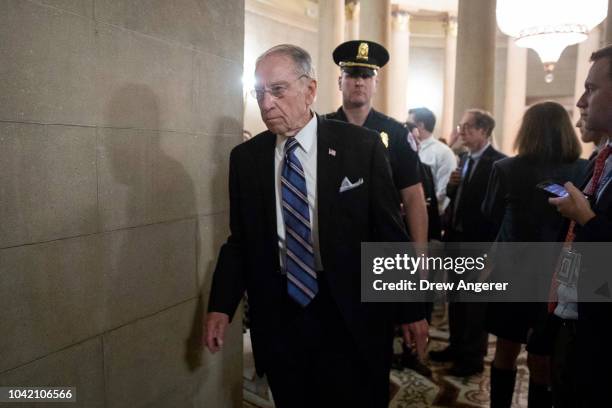 Sen. Chuck Grassley arrives at a closed-door GOP caucus meeting following the Senate Judiciary Committee hearing with Dr. Christine Blasey Ford and...