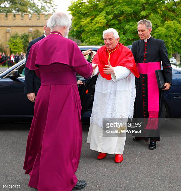 Pope Benedict XVI is greeted by the Archbishop of Canterbury, Dr Rowan Williams at Lambeth Palace on September 17, 2010 in London, England. Pope...