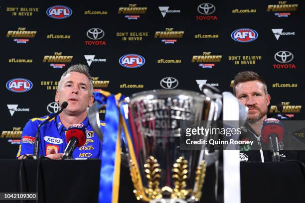 West Coast Eagles coach Adam Simpson and Collingwood Magpies coach Nathan Buckley attend the official 2018 AFL Grand Final press conference at the...