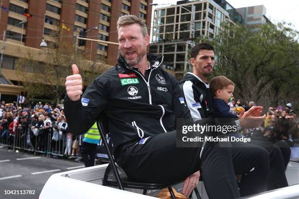 Collingwood Magpies coach Nathan Buckley and Collingwood Magpies captain Scott Pendlebury attend the 2018 AFL Grand Final Parade on September 28,...