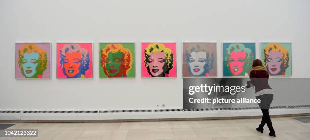 Silkscreen portraits of US American actress Marylin Monroe by the artist Andy Warhol can be seen during a press conference on the exhibition 'The...