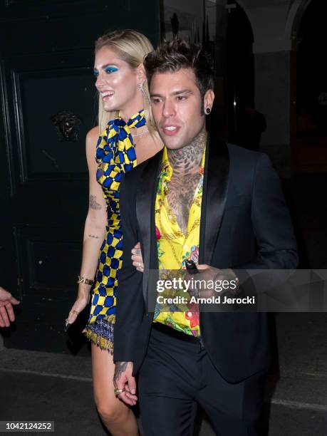 Chiara Ferragni and husband Fedez is seen during Milan Fashion Week Spring/Summer 2019 on September 21, 2018 in Milan, Italy.