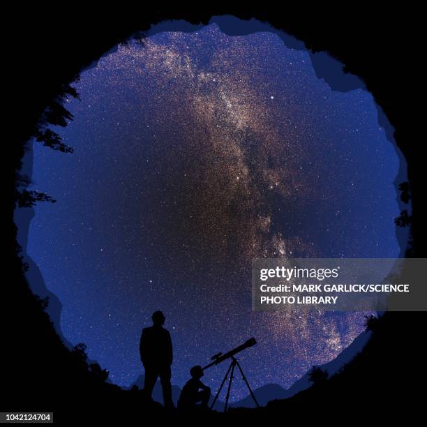 360 degree night sky, illustration - telescope stock illustrations