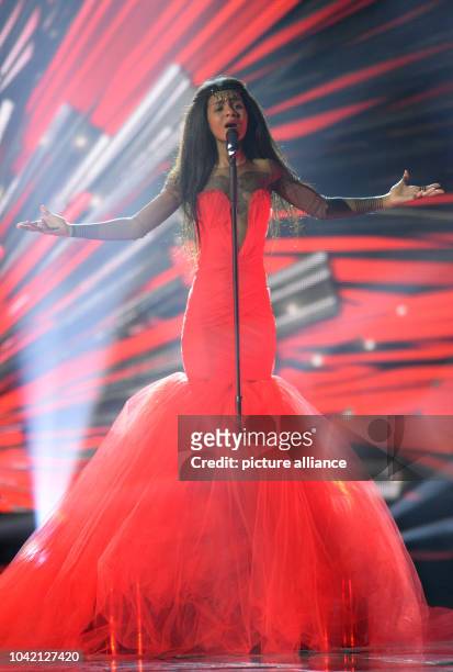 Singer Aminata Savadogo representing Latvia performs during the rehearsal for the grand final of the Eurovision Song Contest 2015 in Vienna, Austria,...