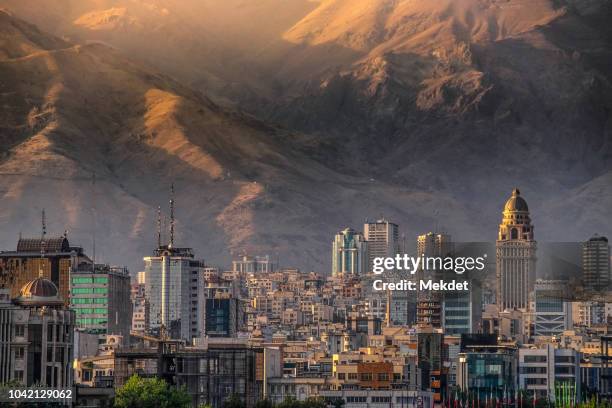 tehran cityscape from tabiat bridge against alborz mountain, iran - iran stockfoto's en -beelden