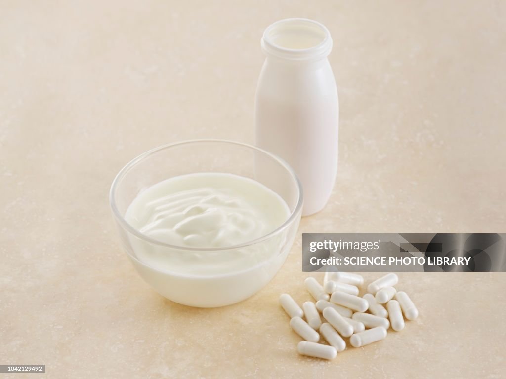Probiotic pills and yoghurt