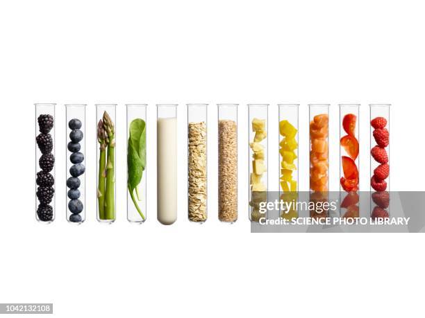 foods in test tubes - artigos-de-vidro-de-laboratório - fotografias e filmes do acervo