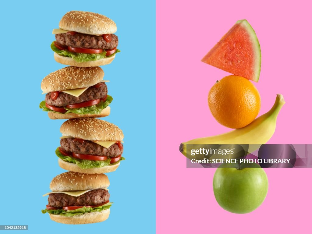 Stack of hamburgers and stack of fruit
